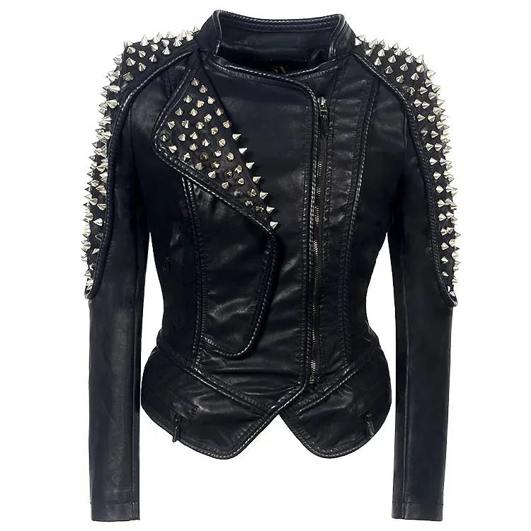 2024 Steampunk Rock Rivet Women's Leather Jacket Slim Short Streetwear Gothic Embroidery PU Leather Locomotive Coat Femme