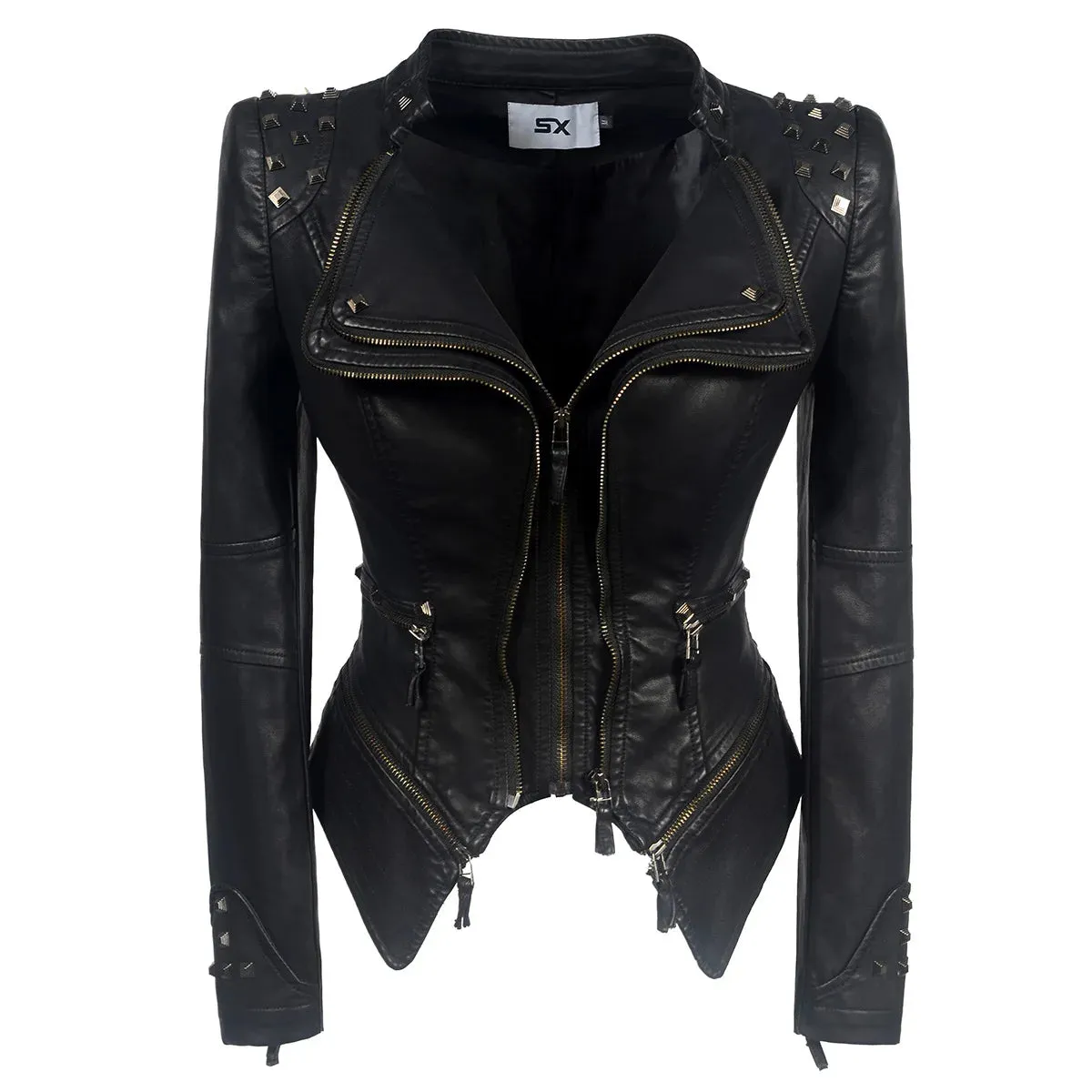 2024 Steampunk Rock Rivet Women's Leather Jacket Slim Short Streetwear Gothic Embroidery PU Leather Locomotive Coat Femme