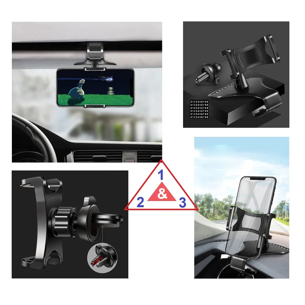 3 in 1 Car GPS Smartphone Holder: Dashboard / Visor Clamp   AC Grid Clip for Micromax A45, Punk - Black