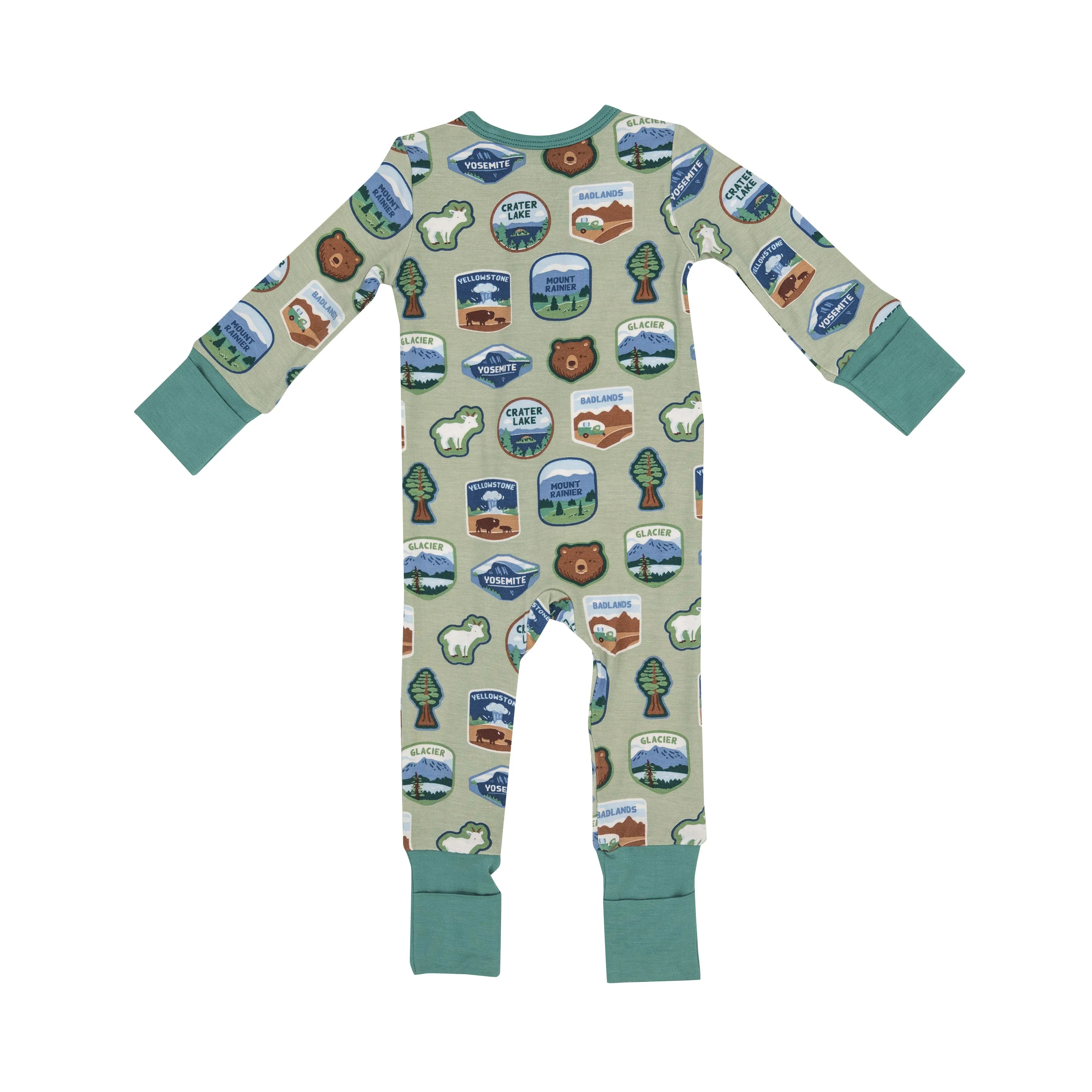 Angel Dear Two Way Zipper Romper in Green National Parks Patches West