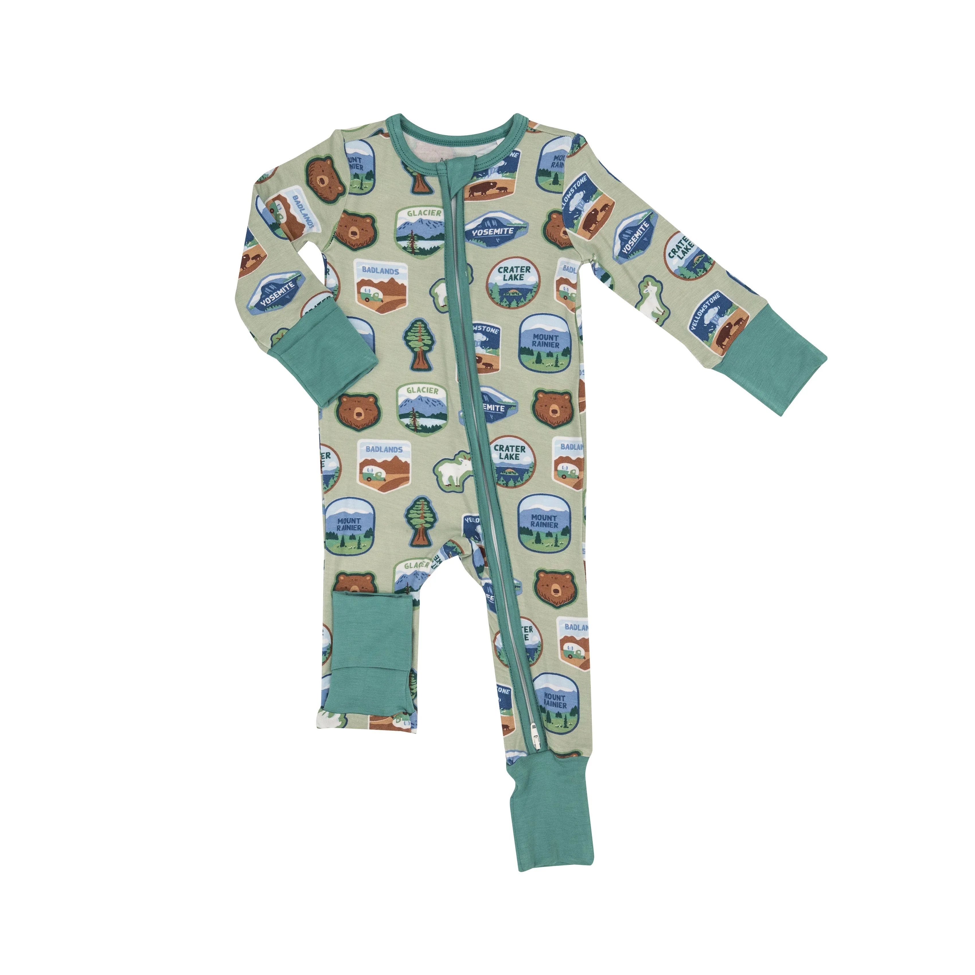 Angel Dear Two Way Zipper Romper in Green National Parks Patches West