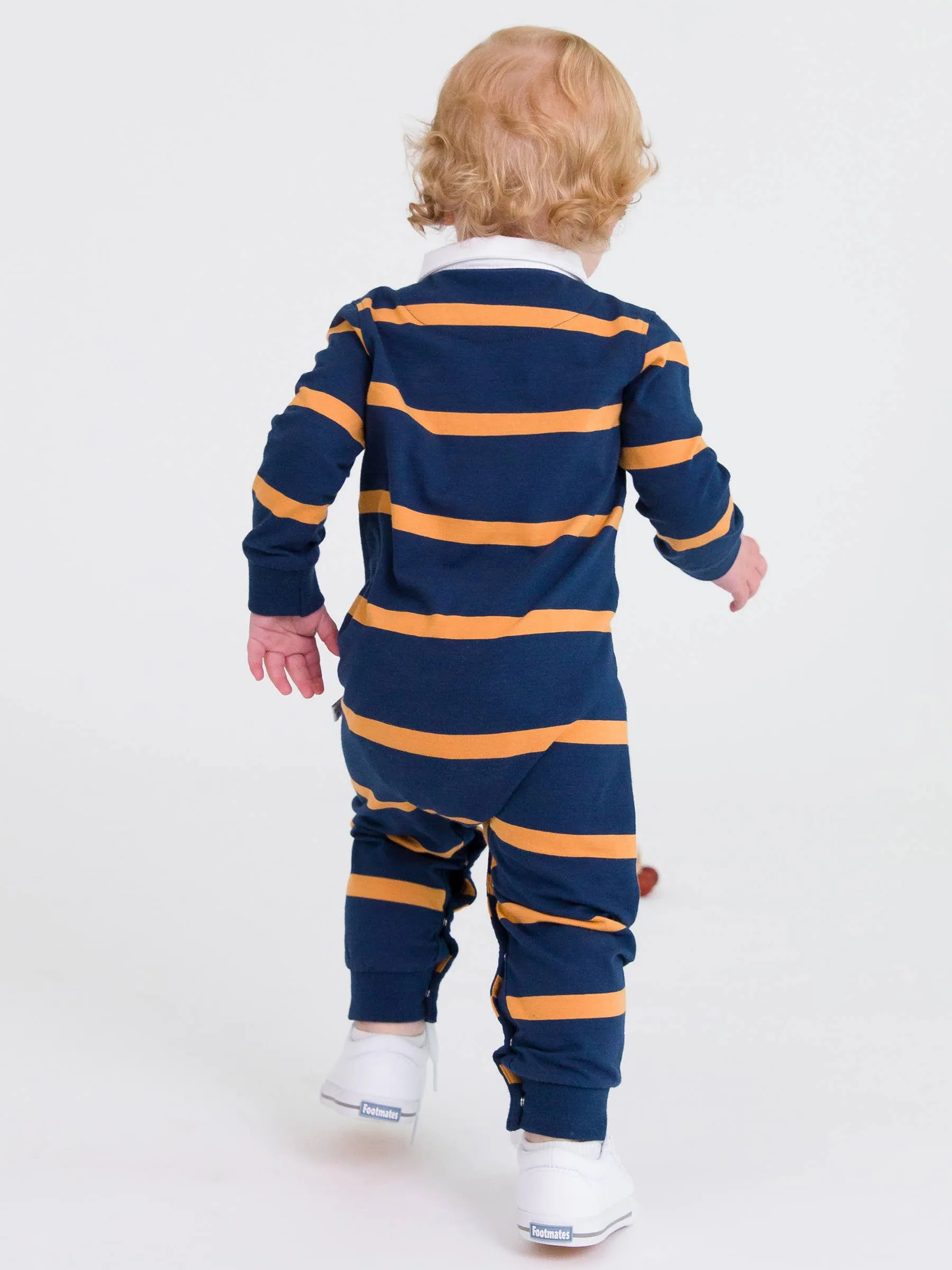 Baby Boys Navy & Honey Wide Stripe Rugby Polo Romper