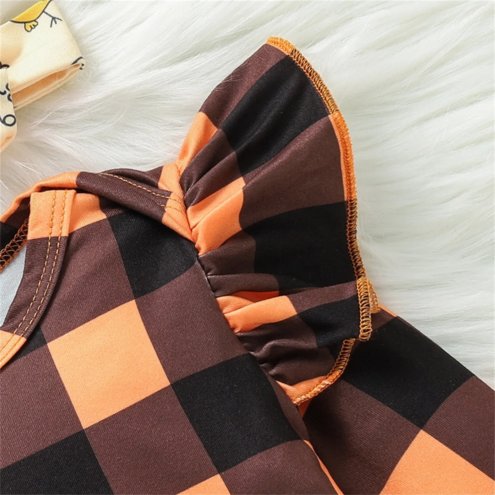 Baby Girls Halloween Plaid Ruffle Long Sleeves Romper Suspender Skirts with Headband