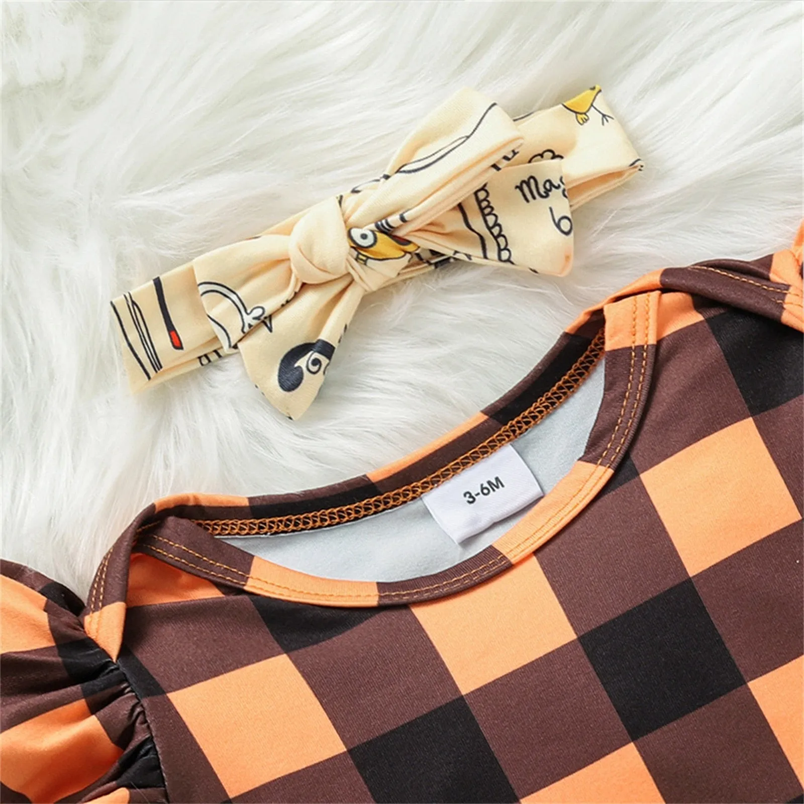 Baby Girls Halloween Plaid Ruffle Long Sleeves Romper Suspender Skirts with Headband