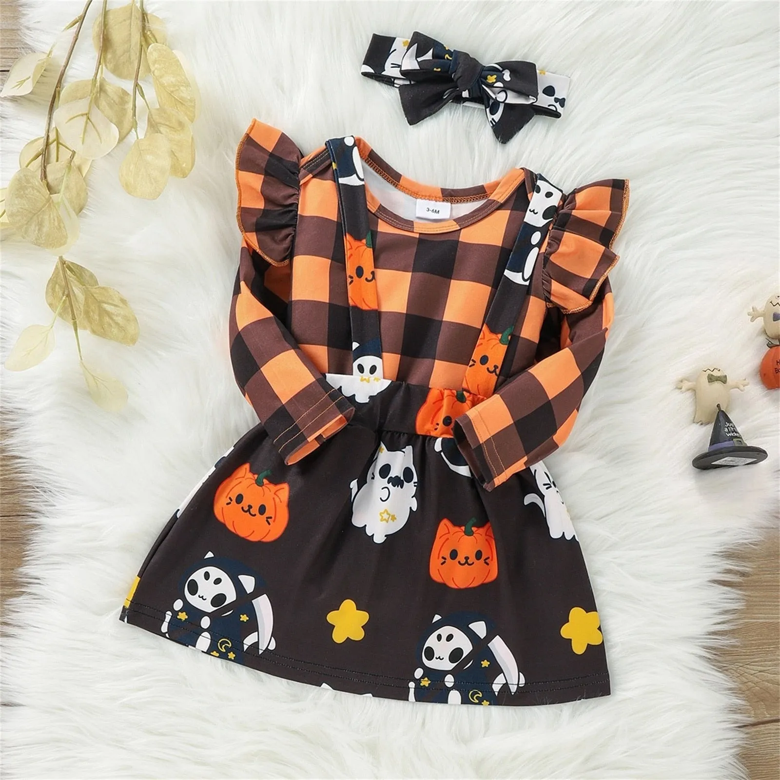 Baby Girls Halloween Plaid Ruffle Long Sleeves Romper Suspender Skirts with Headband
