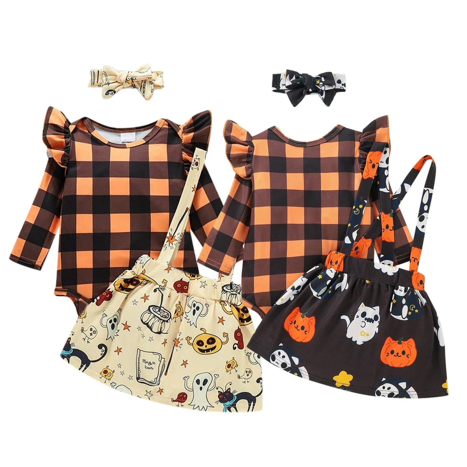 Baby Girls Halloween Plaid Ruffle Long Sleeves Romper Suspender Skirts with Headband