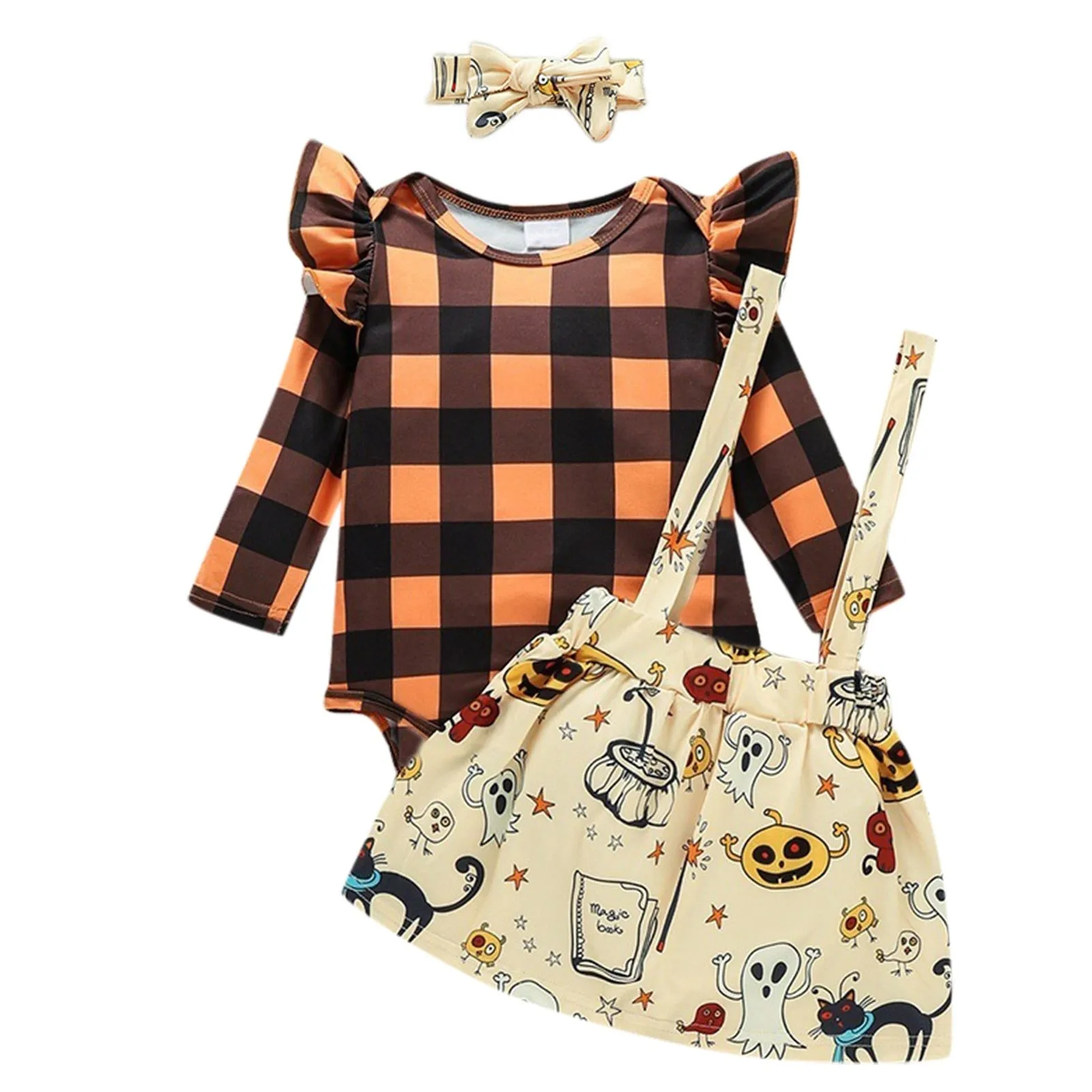 Baby Girls Halloween Plaid Ruffle Long Sleeves Romper Suspender Skirts with Headband
