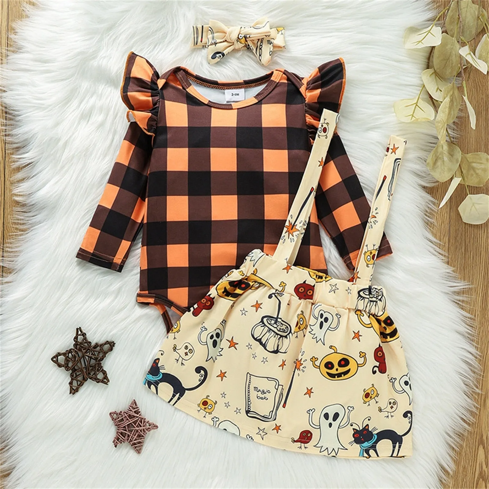 Baby Girls Halloween Plaid Ruffle Long Sleeves Romper Suspender Skirts with Headband
