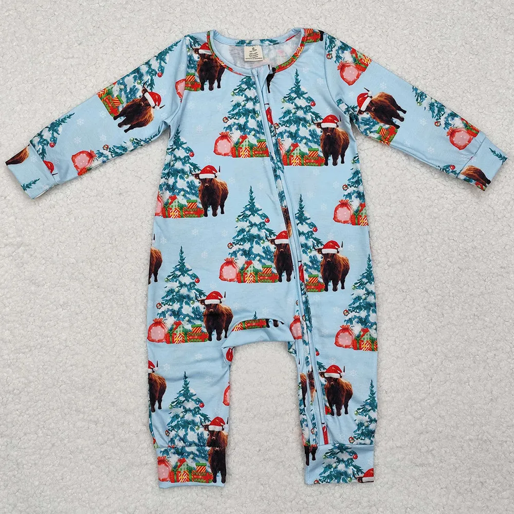 Baby Infant Boys Rompers Christmas Western Highland Cow Zip Rompers Onesie LR1459