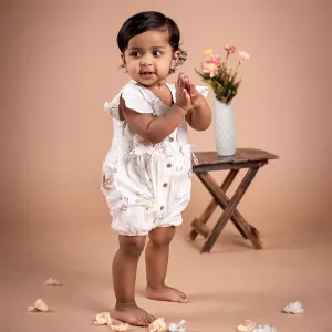Baby Moo Flying High Bow Detail Sleeveless Buttoned Muslin Romper - White