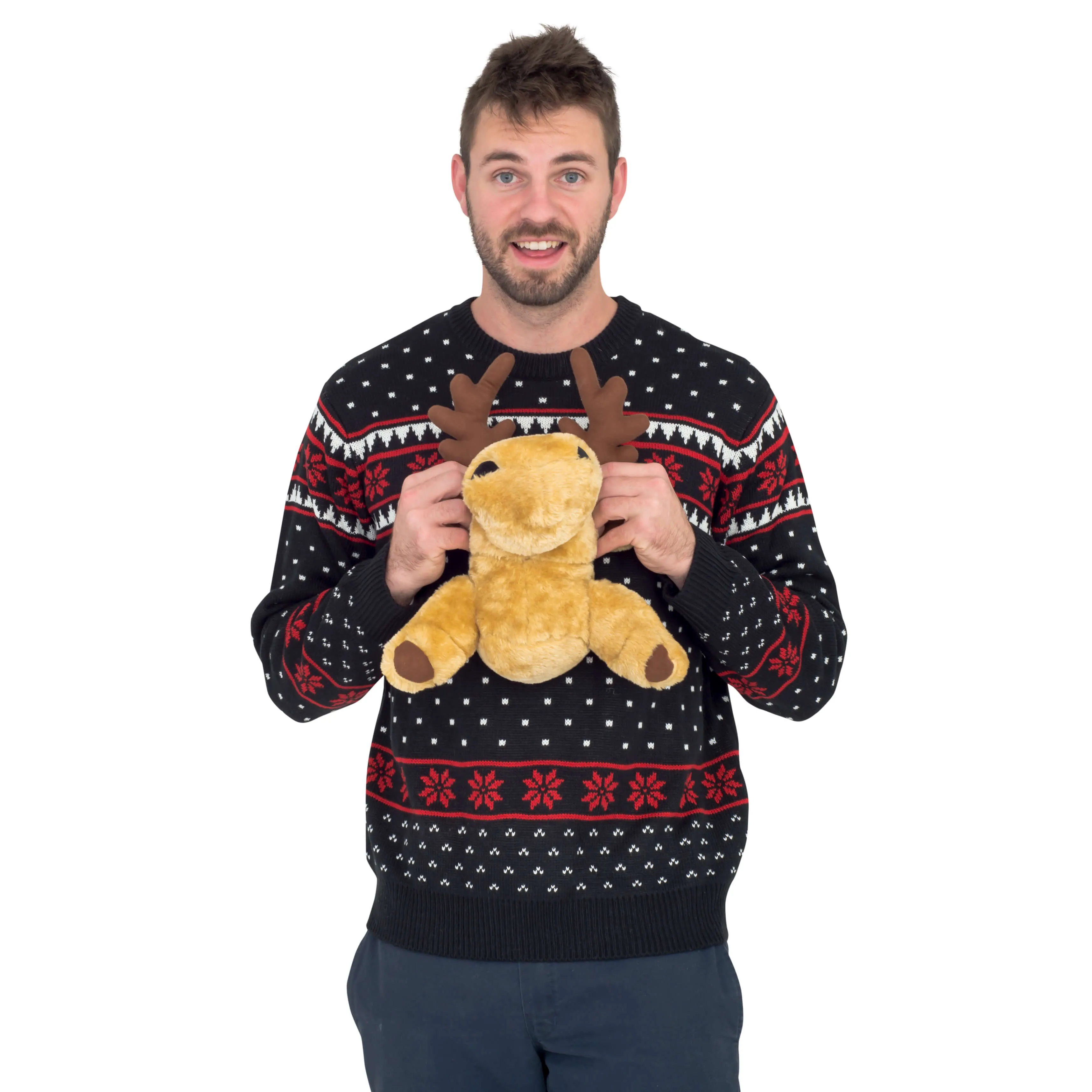 Black 3-D Ugly Christmas Sweater with Stuffed Moose