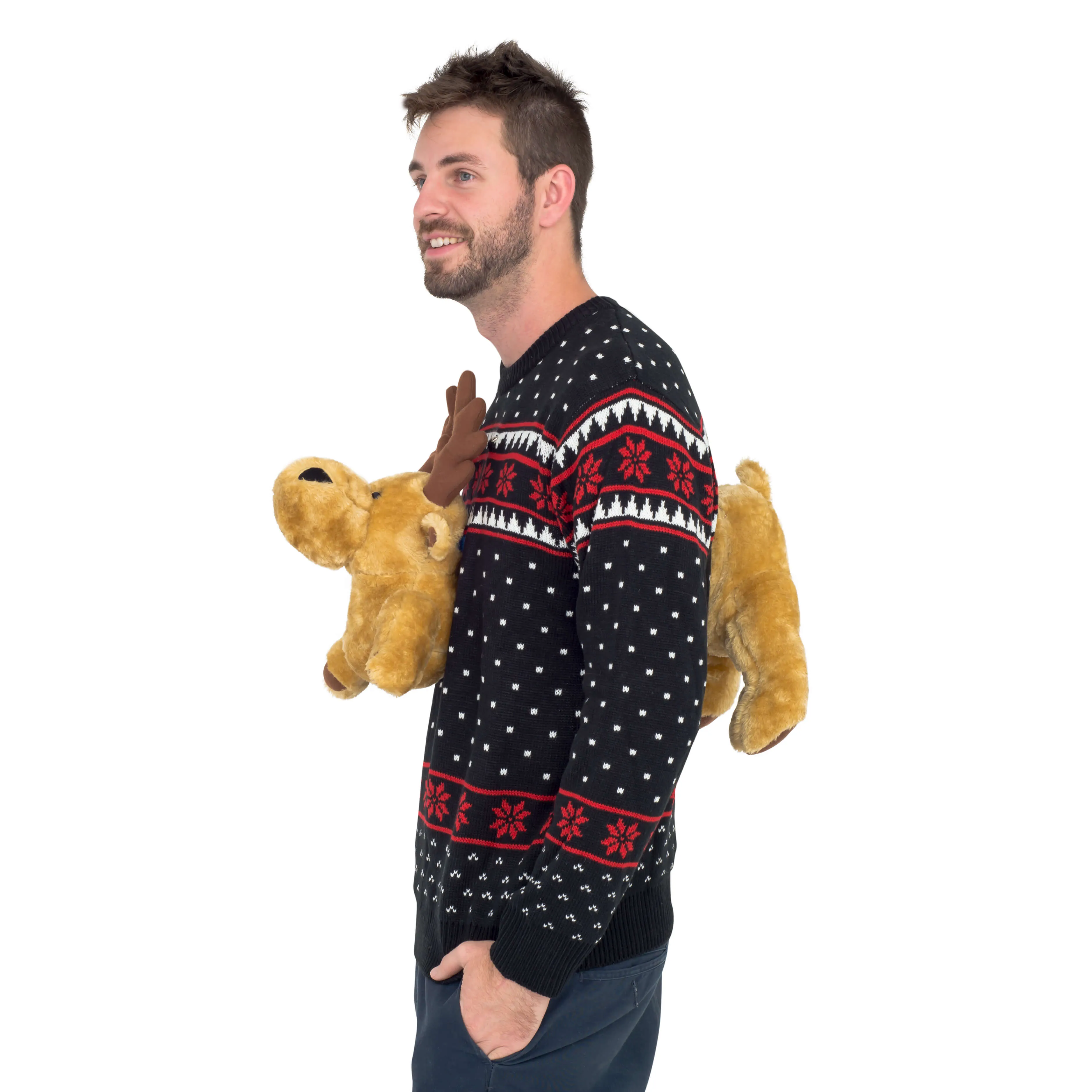 Black 3-D Ugly Christmas Sweater with Stuffed Moose