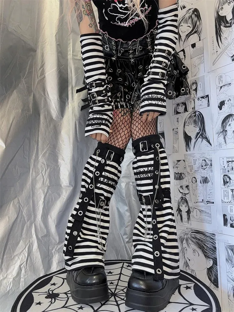 Black & White Stripes With Cross Chain Punk Leg Warmers
