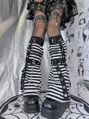 Black & White Stripes With Cross Chain Punk Leg Warmers