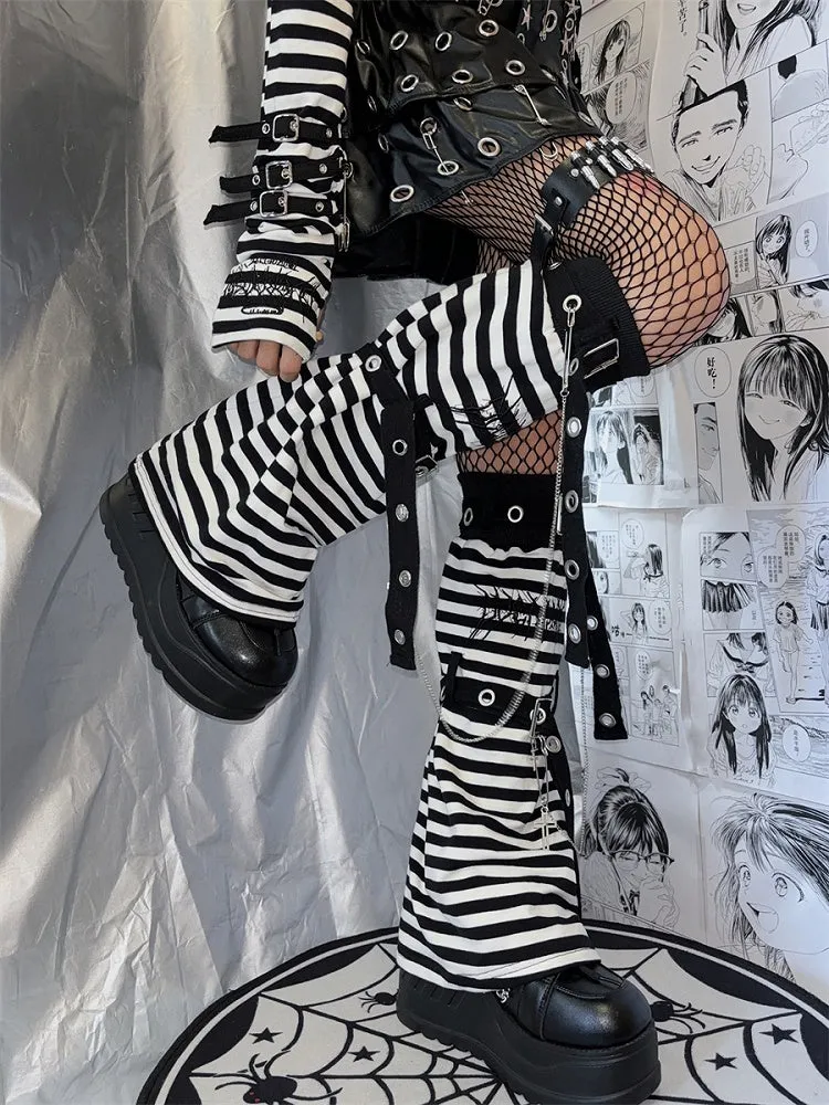 Black & White Stripes With Cross Chain Punk Leg Warmers
