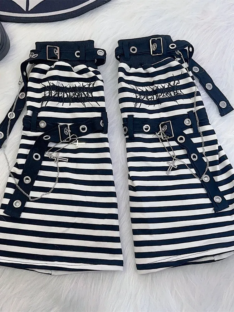 Black & White Stripes With Cross Chain Punk Leg Warmers