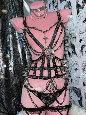 Black Skeleton Stud Detail Punk PU Harness