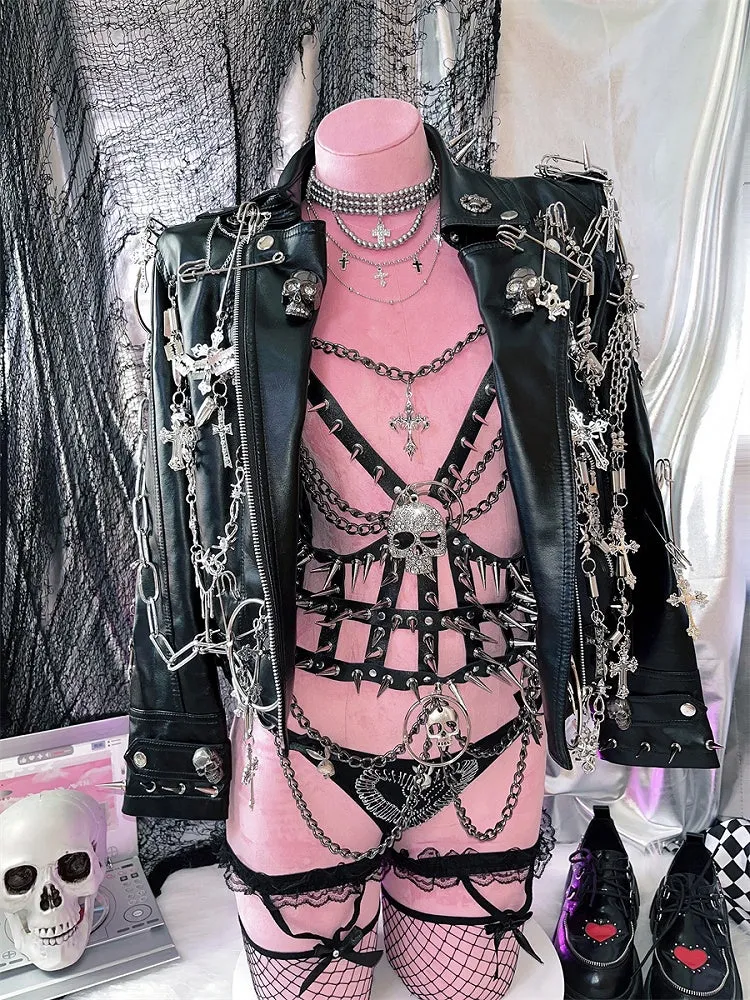 Black Skeleton Stud Detail Punk PU Harness