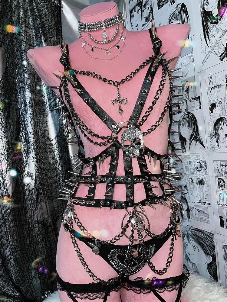 Black Skeleton Stud Detail Punk PU Harness