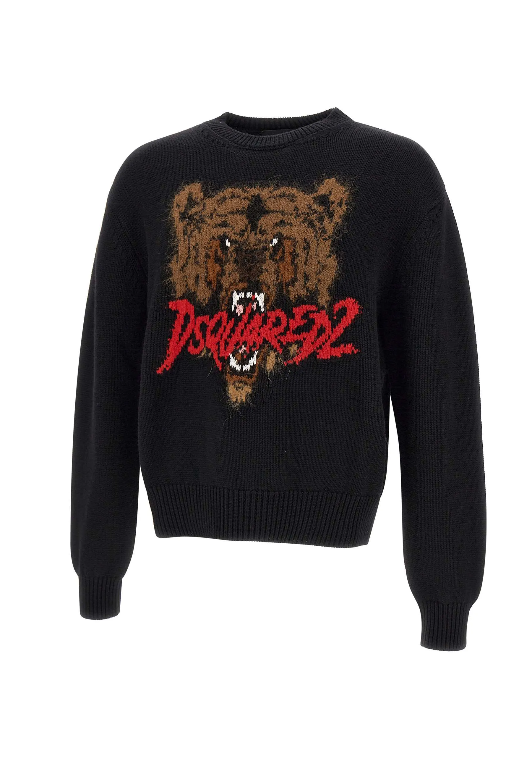 Black Wool Tiger Crewneck Sweater