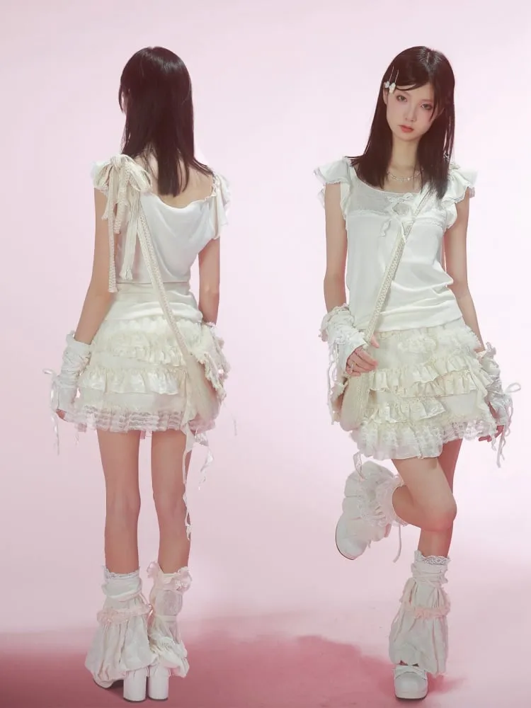 Bowknot White Flutter Sleeves Top