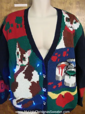 Crazy Cat Lady 2sided Tacky Xmas Sweater with Lights