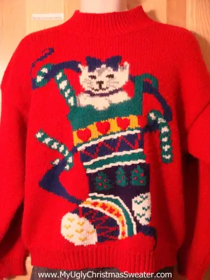 Crazy Cat Lady Special!  Tacky 80s Classic Ugly Christmas Sweater with Huge Cat in a Stocking (f663)