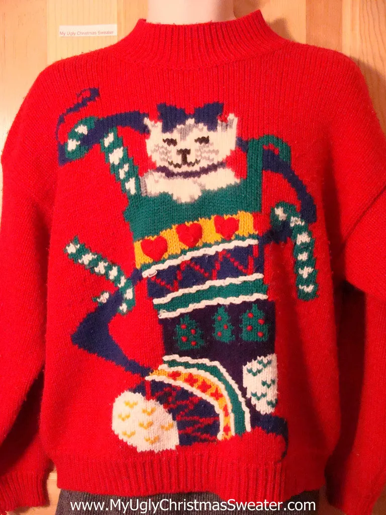 Crazy Cat Lady Special!  Tacky 80s Classic Ugly Christmas Sweater with Huge Cat in a Stocking (f663)