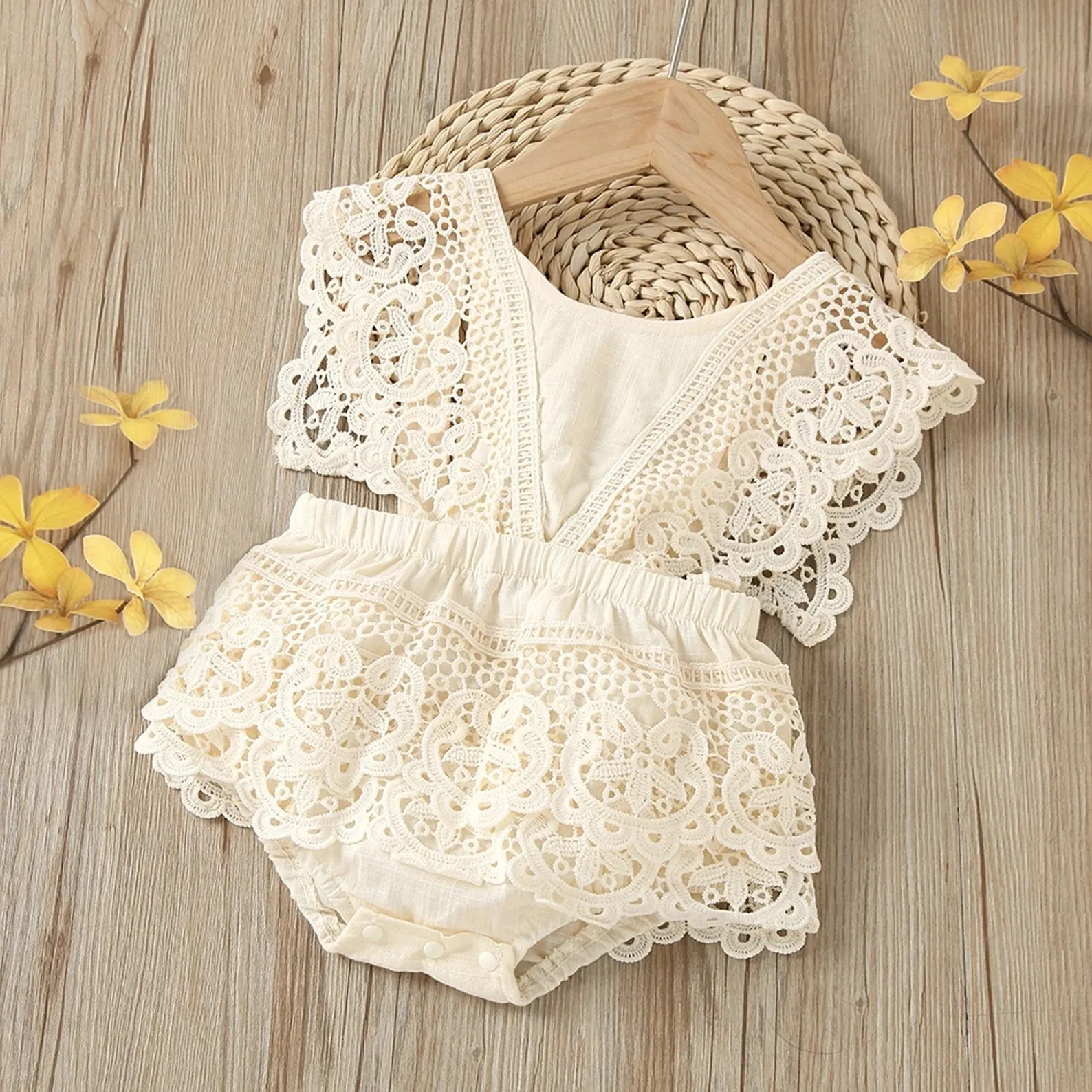 Crochet Lace Boho Baby Romper for First Birthday Photo, Smash Cake Outfit Girl