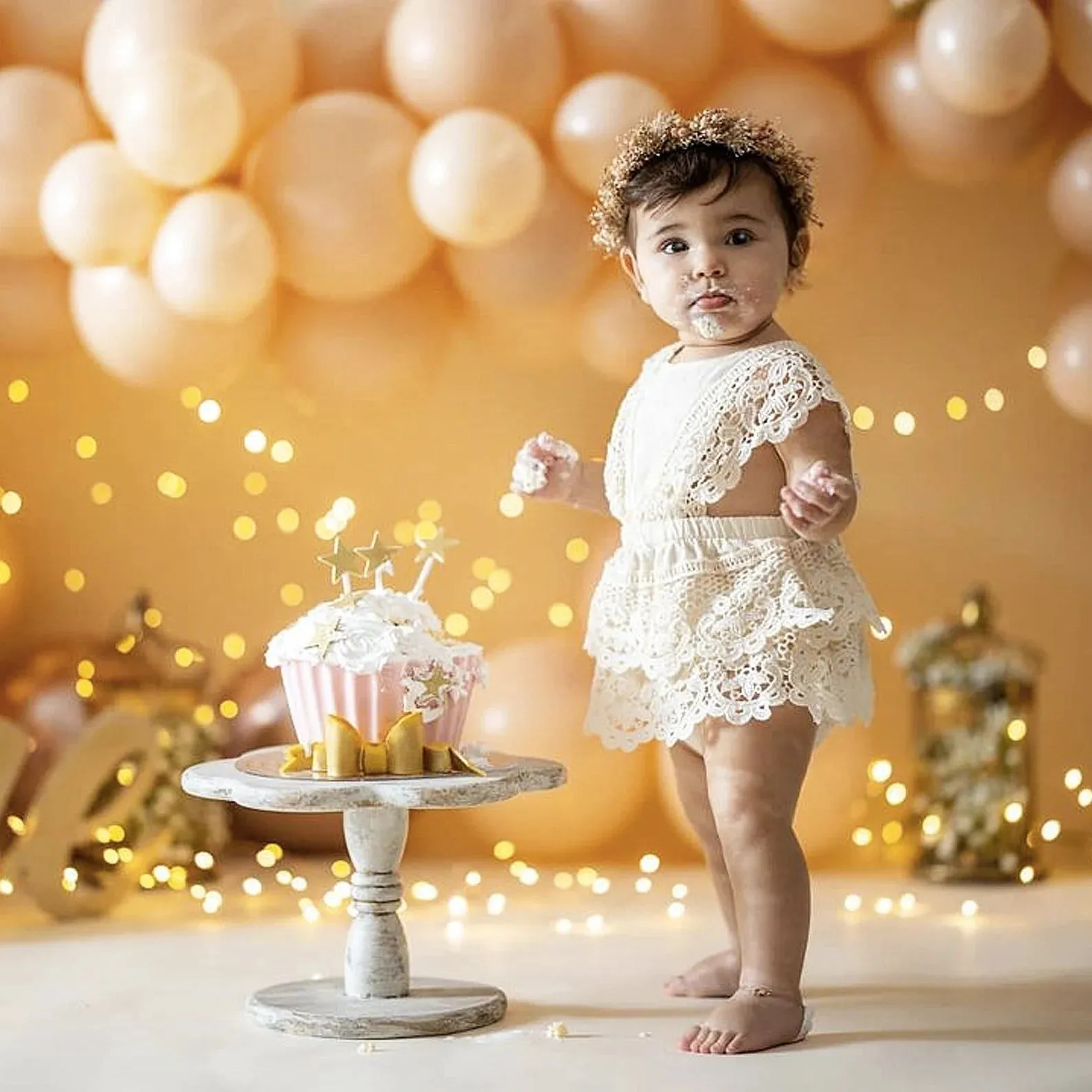 Crochet Lace Boho Baby Romper for First Birthday Photo, Smash Cake Outfit Girl
