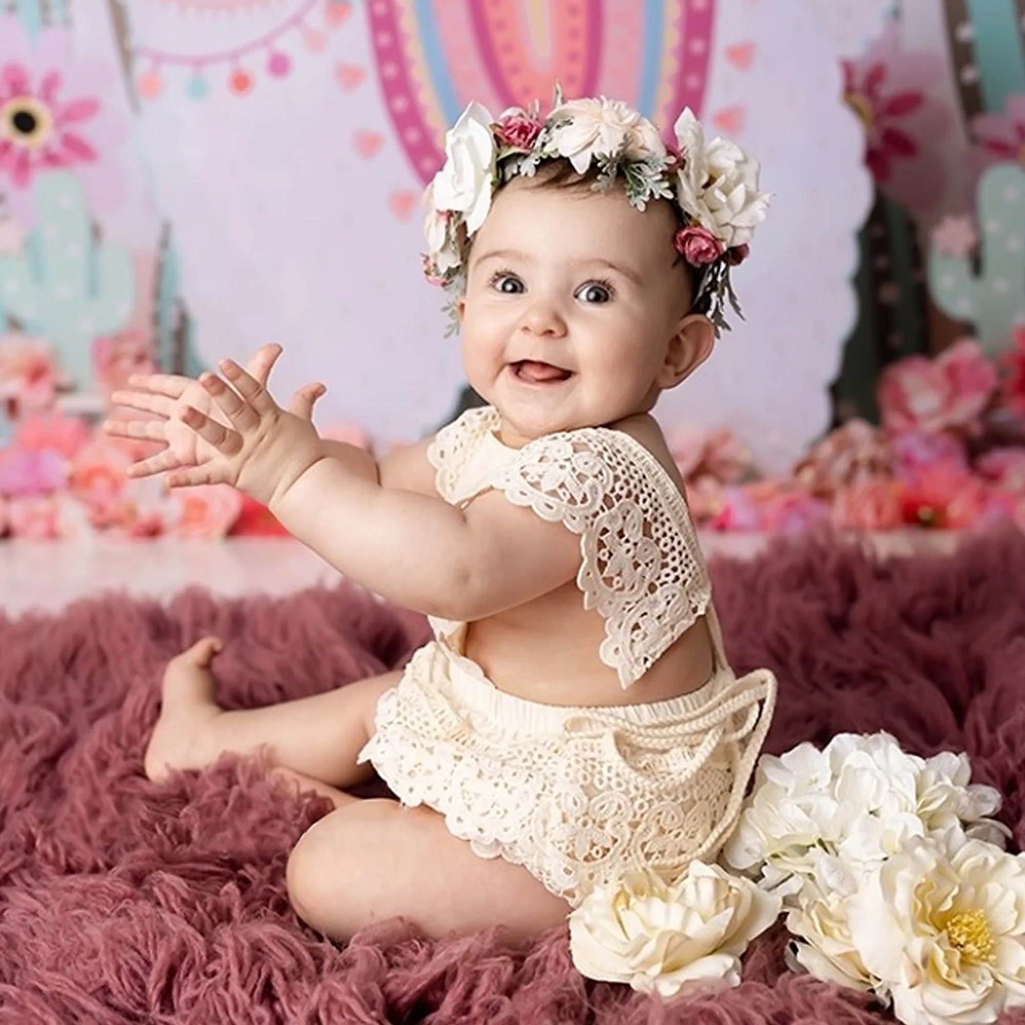 Crochet Lace Boho Baby Romper for First Birthday Photo, Smash Cake Outfit Girl