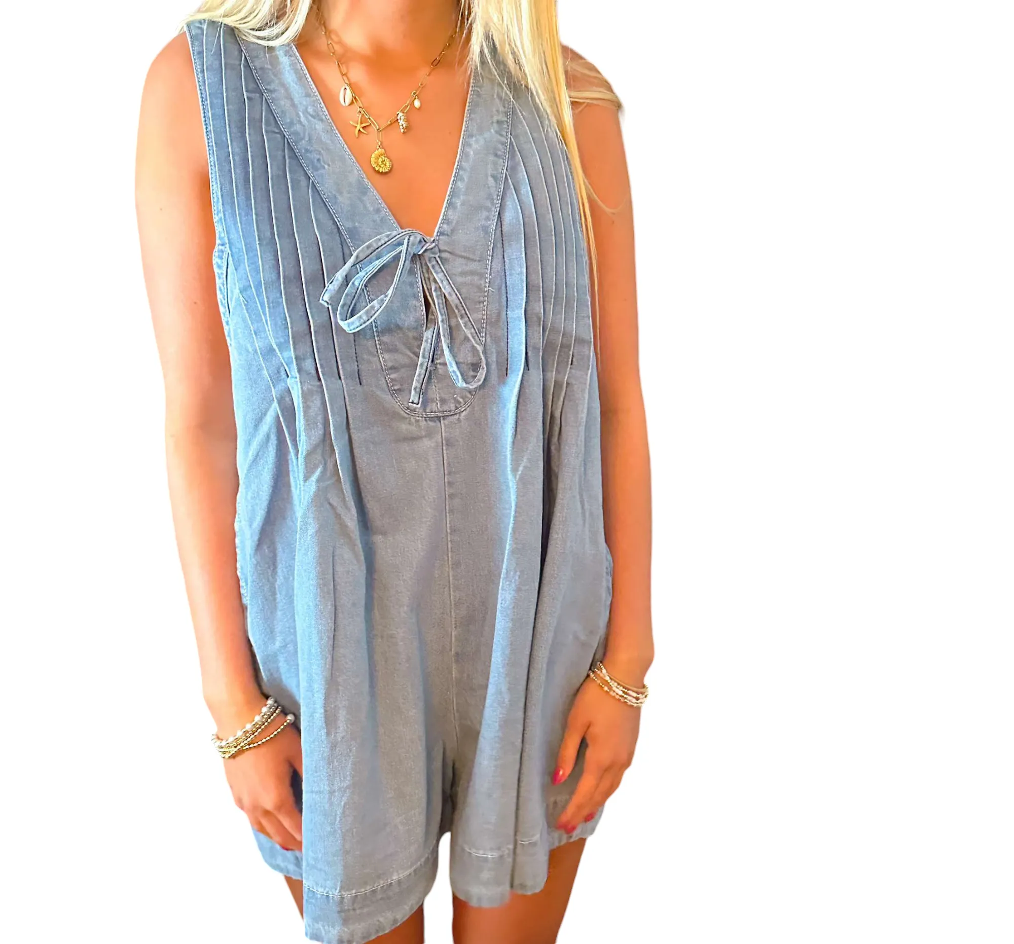 Denim Delight: Pleated V-Neck Sleeveless Romper
