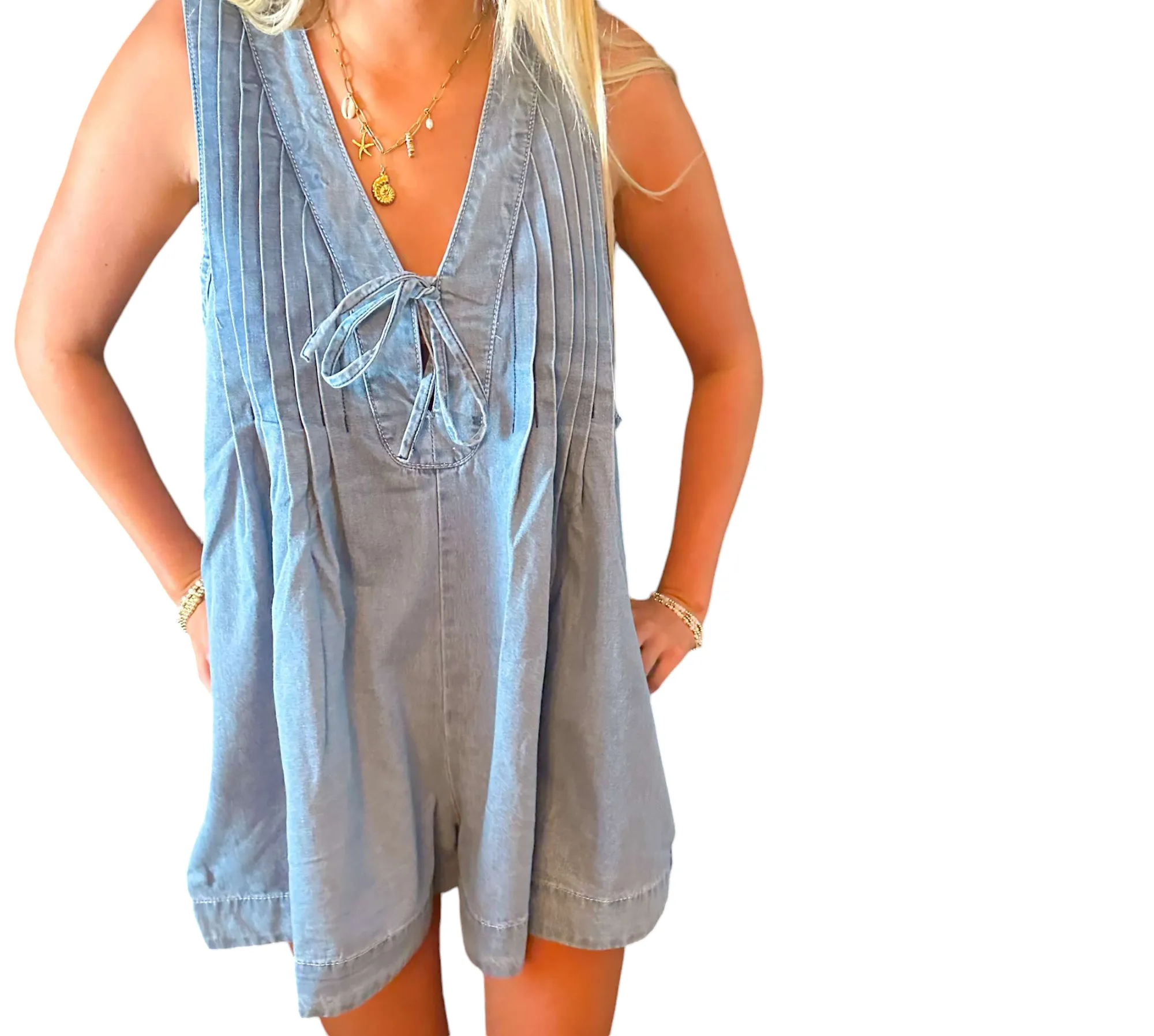 Denim Delight: Pleated V-Neck Sleeveless Romper