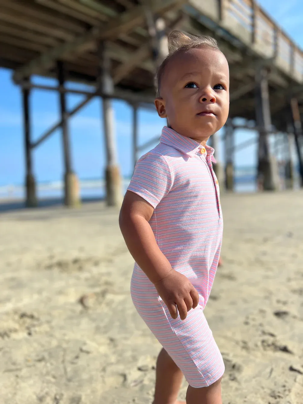 Drift Pink and Blue Striped Polo Romper