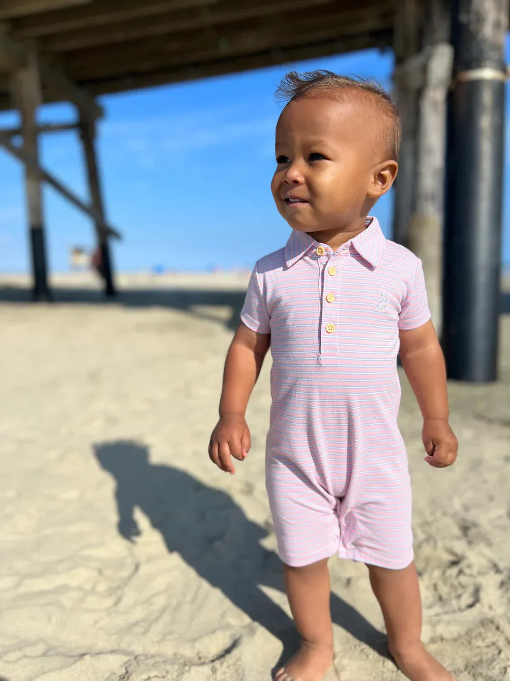 Drift Pink and Blue Striped Polo Romper