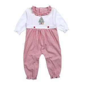 Embroidered Ruffle Pima Romper - Christmas Tree