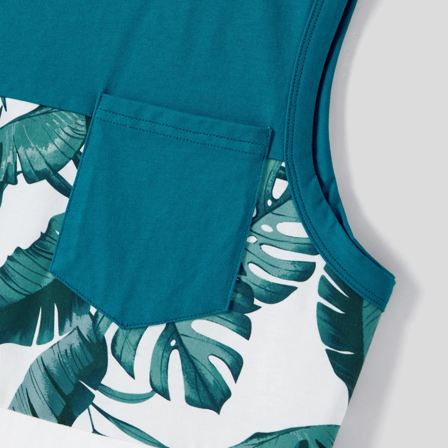 Family Matching Allover Plant Print Short-sleeve Belted Dresses and Patch Pocket Tank Tops Sets