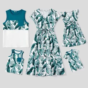 Family Matching Allover Plant Print Short-sleeve Belted Dresses and Patch Pocket Tank Tops Sets