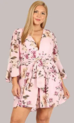 Floral Chiffon 3 4 Sleeve Tie Waist Romper