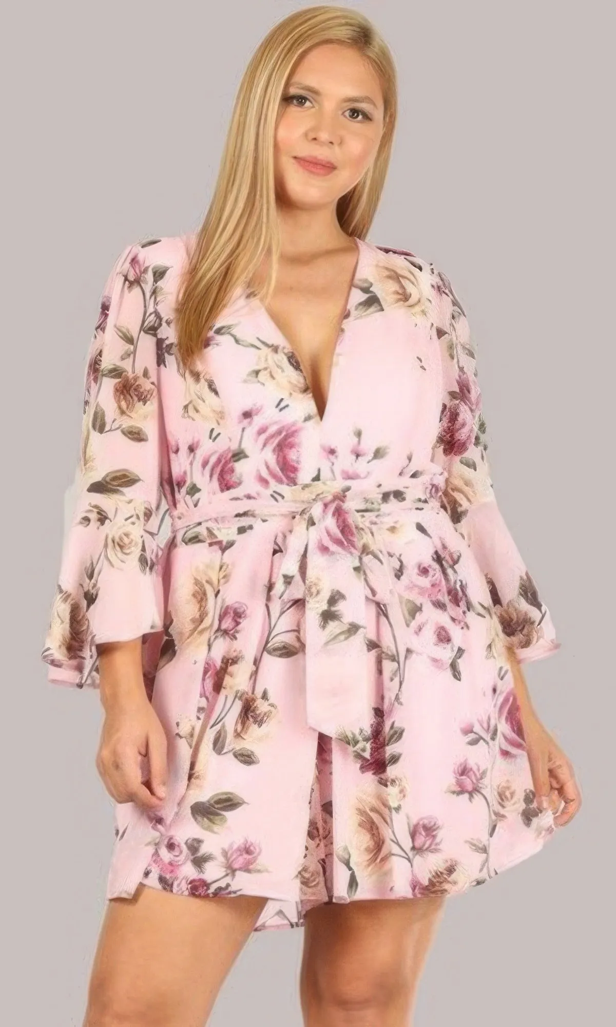 Floral Chiffon 3 4 Sleeve Tie Waist Romper