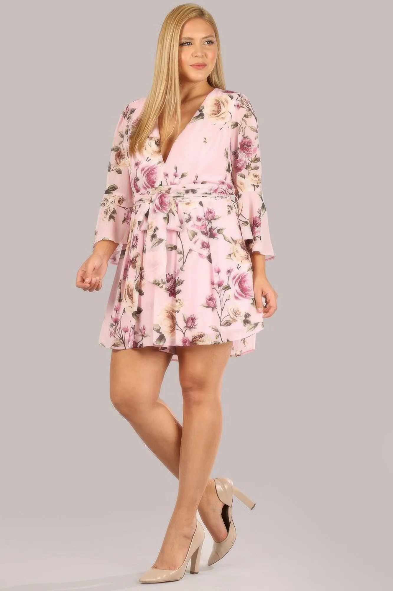 Floral Chiffon 3 4 Sleeve Tie Waist Romper
