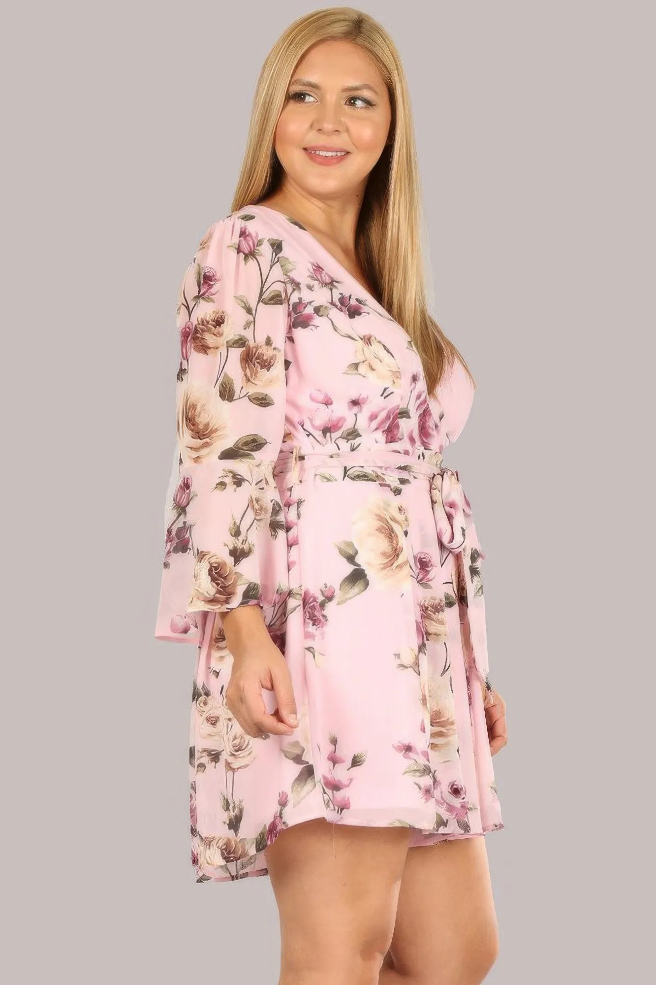 Floral Chiffon 3 4 Sleeve Tie Waist Romper
