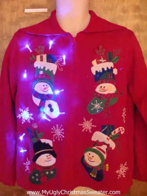 Foursome of Snowmen Stockings Light Up Ugly Xmas Sweater