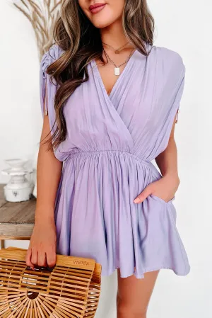 Girl Talk Ruched Shoulder Surplice Romper (Lavender)