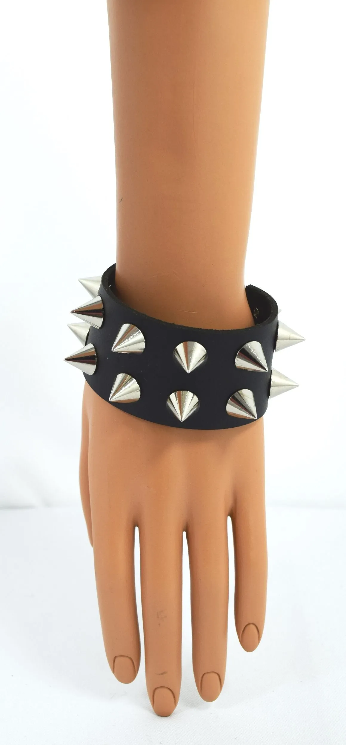 Gothic Emo Grunge Punk Rock Wide Leather Spiked Bracelet - Silver Spikes
