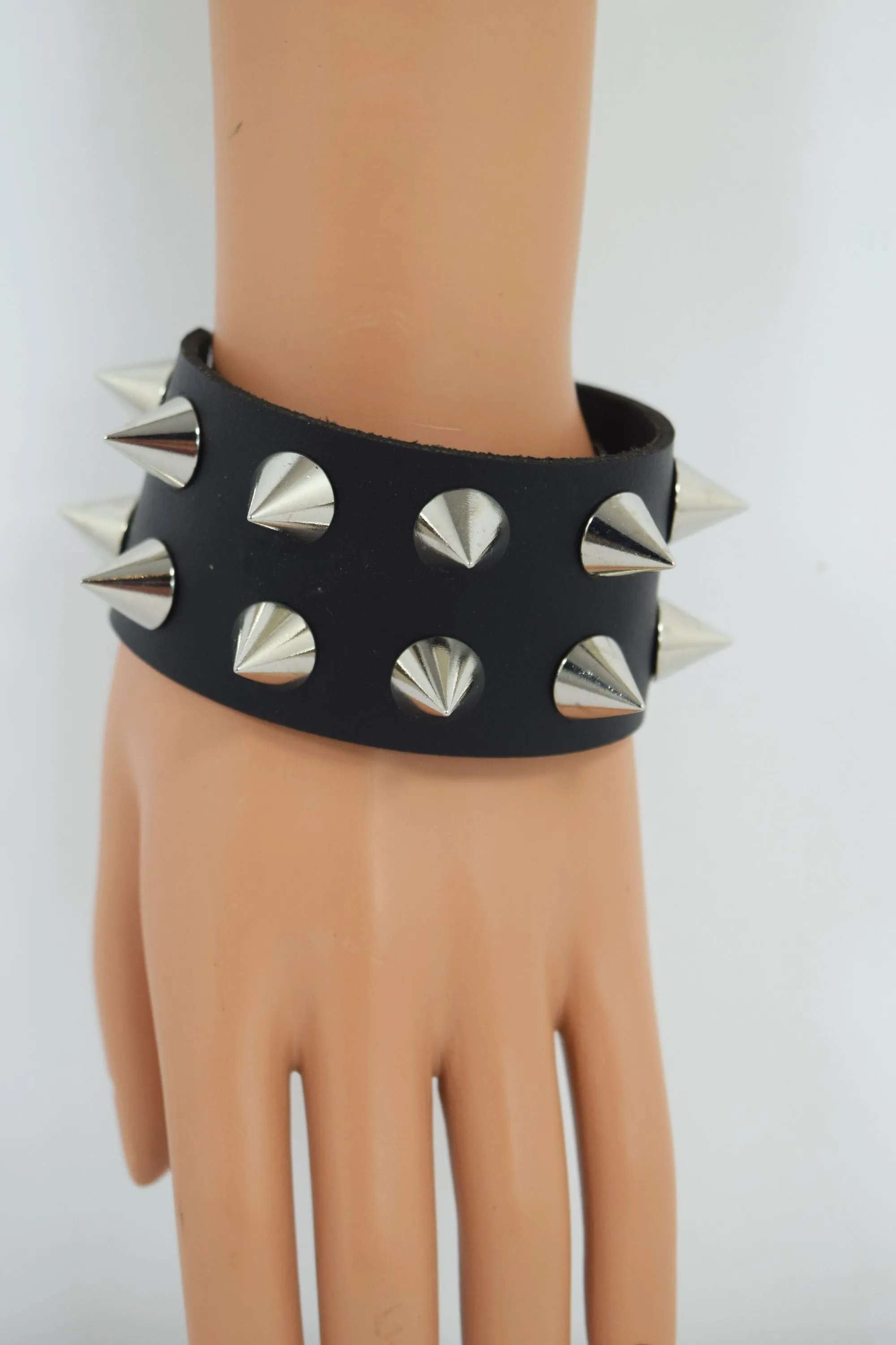 Gothic Emo Grunge Punk Rock Wide Leather Spiked Bracelet - Silver Spikes