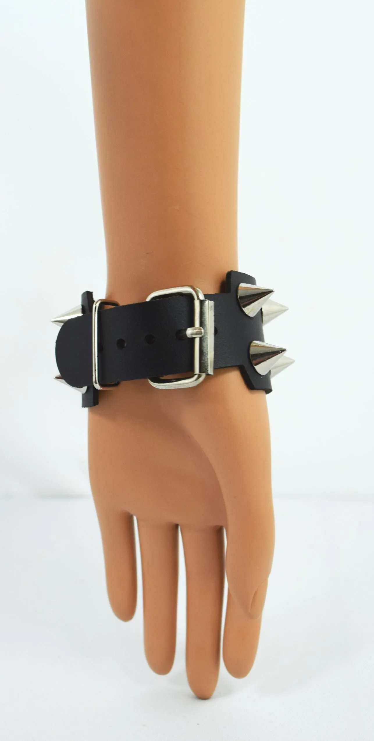 Gothic Emo Grunge Punk Rock Wide Leather Spiked Bracelet - Silver Spikes