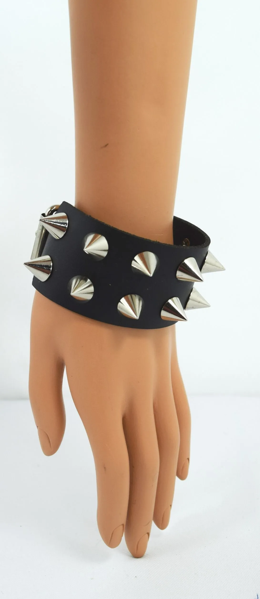 Gothic Emo Grunge Punk Rock Wide Leather Spiked Bracelet - Silver Spikes