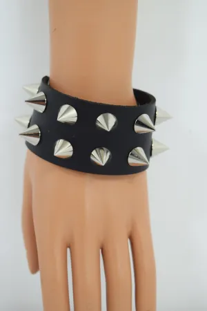 Gothic Emo Grunge Punk Rock Wide Leather Spiked Bracelet - Silver Spikes