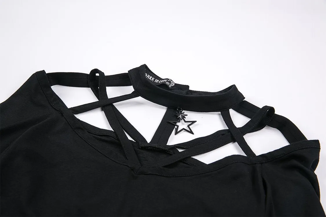 Gothic punk T-shirt with hollow-out and star theme on top TW165